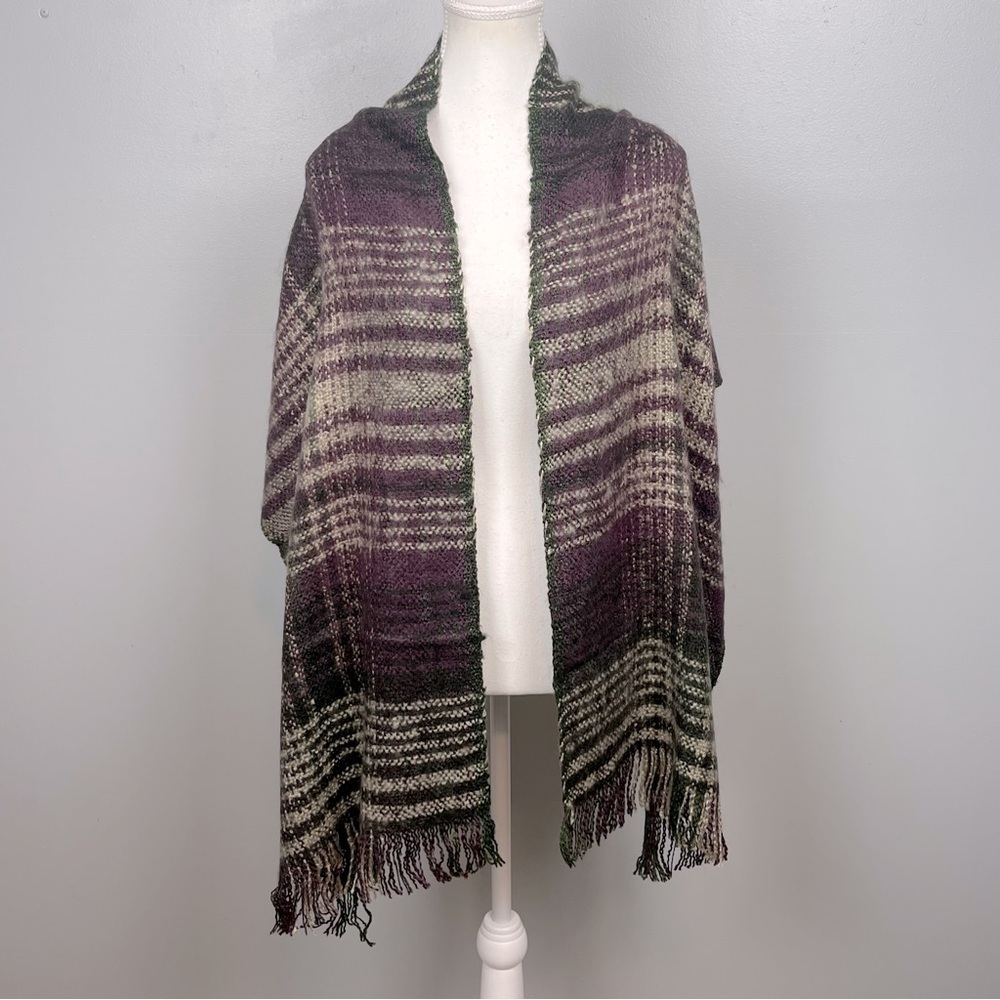 NWT J.Jill woven purple & green plaid fringed winter scarf.